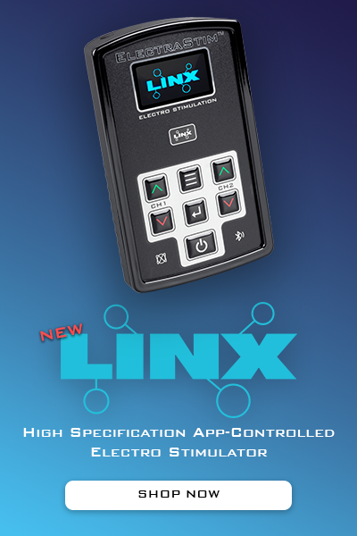 LINX high specification app-controlled electro stimulator on a blue background