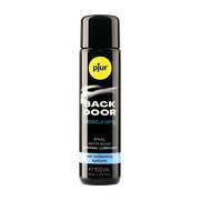 A 100 mL black bottle of Pjur Back Door Moisturising anal water-based personal lubricant, featuring a yellow Pjur logo and white and blue text, set against a plain white background.
