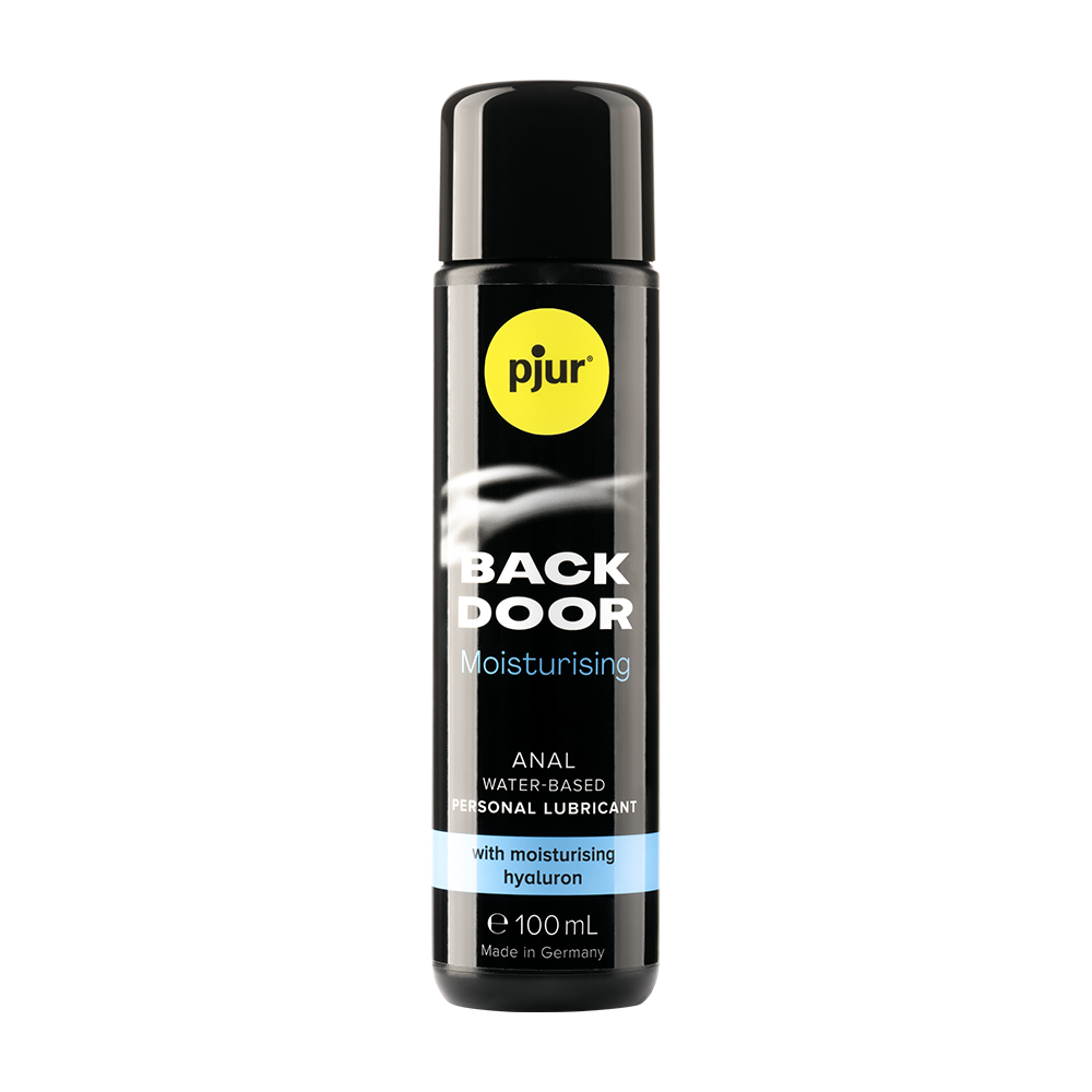A 100 mL black bottle of Pjur Back Door Moisturising anal water-based personal lubricant, featuring a yellow Pjur logo and white and blue text, set against a plain white background.
