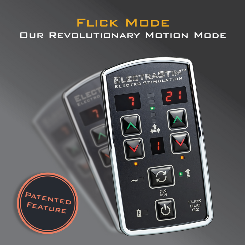 ElectraStim Flick Duo G2 electro stimulation controller featuring patented motion control mode
